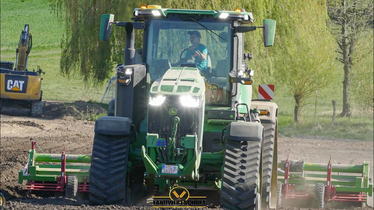TESTDRIVE John Deere 8RX 410 Traktor Vorf&uuml;hrung hinter einer Baselier 8 reiher dammfr&auml;se