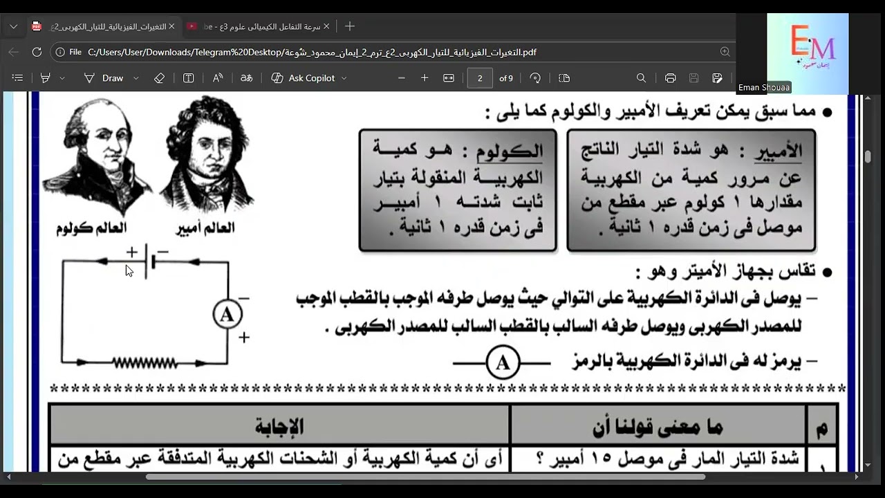شدة التيار الكهربى علوم 3 ع ترم 2