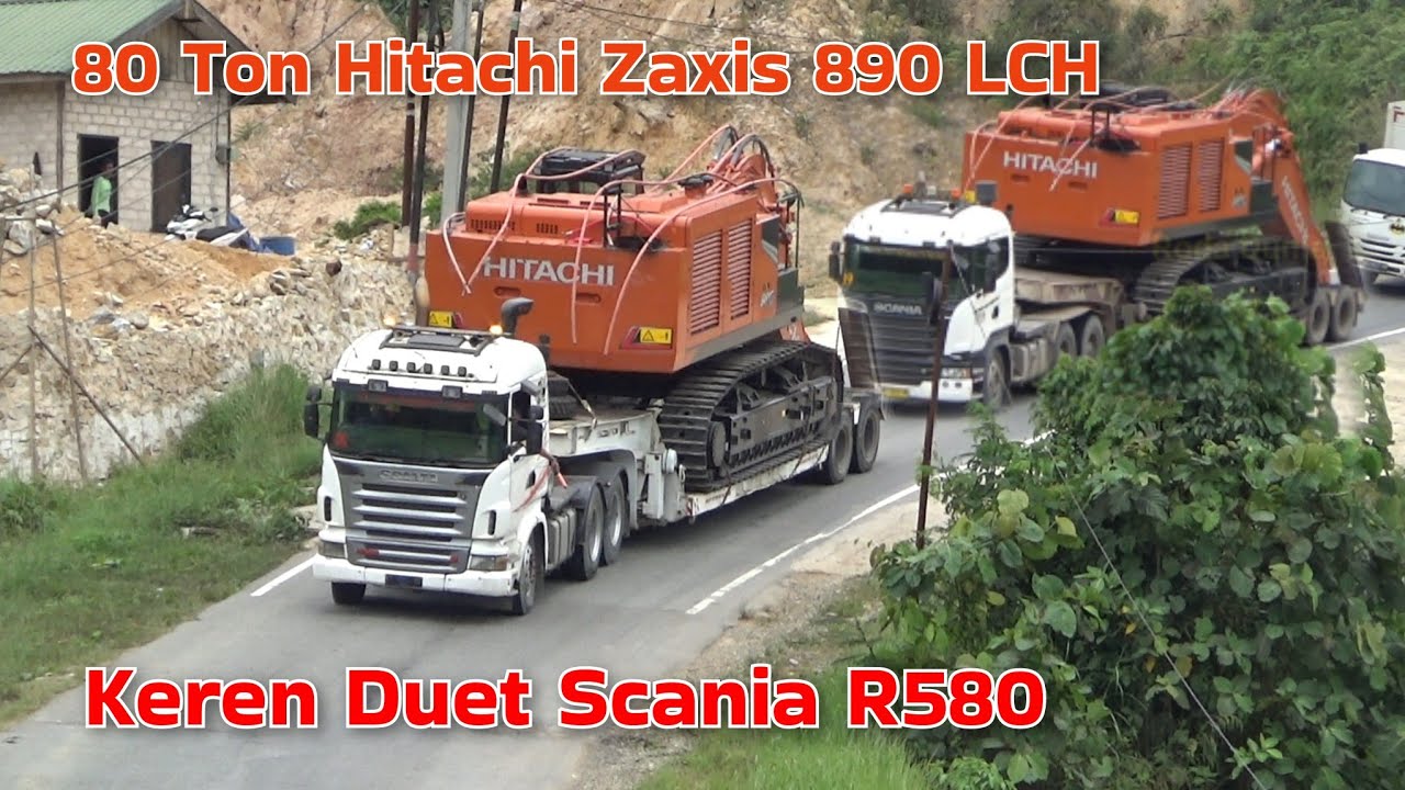 Super Jumbo Dua Scania R580 Muatan Ekskavator Hitachi Zaxis 890 LCH  60 Ton Dijalur Ekstrem Kaltim