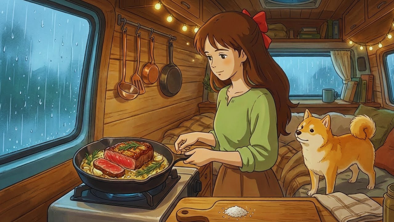 Woman's Van Delicious Steak Mignon Cooking Rainy Day ASMR | Ghibli Cozy Style