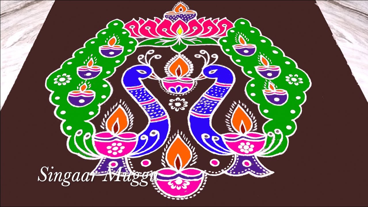 Peacock Rangoli with 15X9 dots | Cute deepam rangoli | Mayil kolam | how to create peacock rangoli