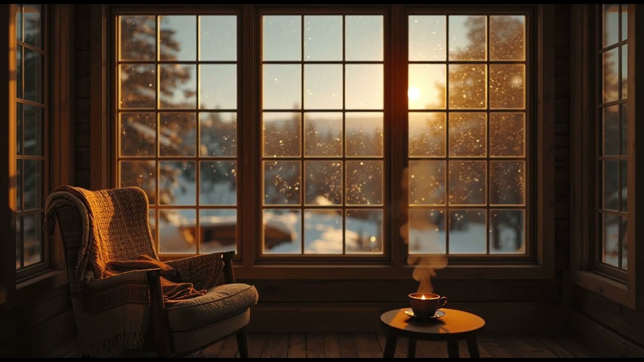 Chill Music Golden Hour Winter Cabin ⛄ Armchair Warmth, Snow Sounds & Fireplace Crackles for Peace