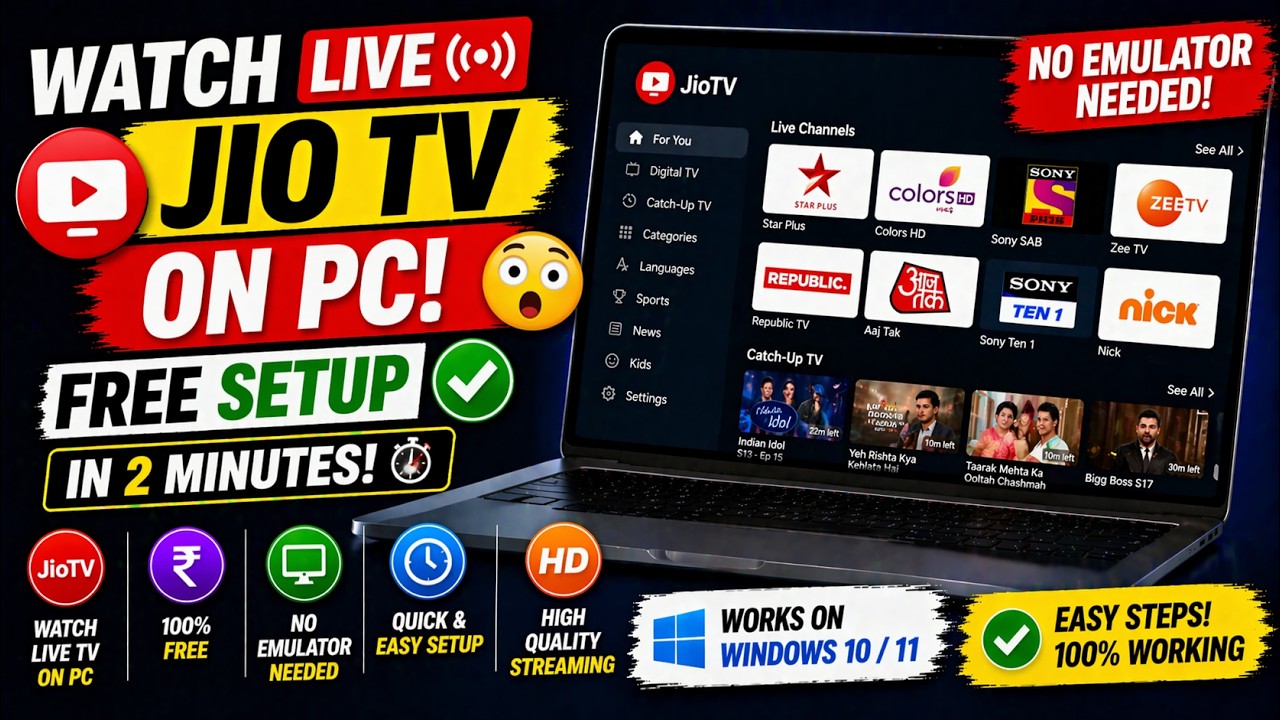 Watch LIVE JioTV on PC 😳🔥 FREE Setup in 2 Minutes (No Emulator Needed!)