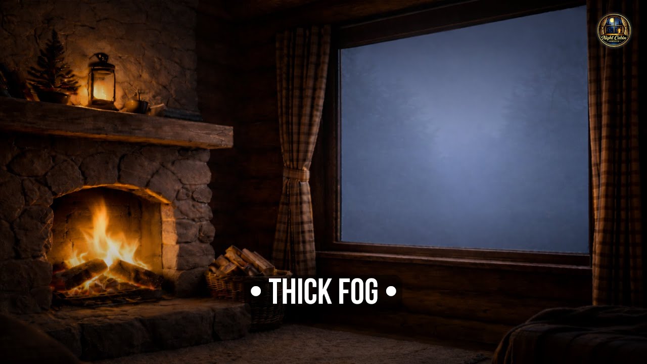 Night Cabin Ambience • Thick Fog at the Window + Fireplace Crackling (10 Hours) Deep Sleep