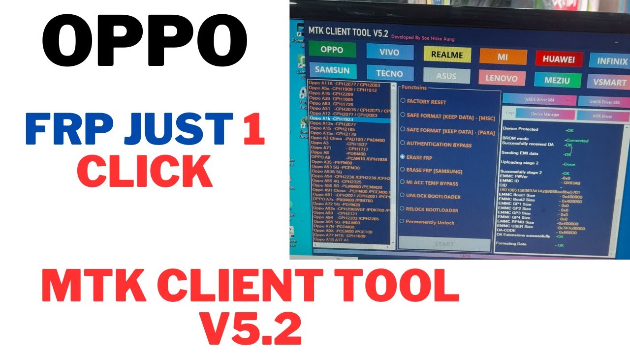 OPPO A1K/CPH1923 Frp Just 1 Click (No TestPoint ) By MTK CLIENT TOOL V5.2 Tool /100% Done