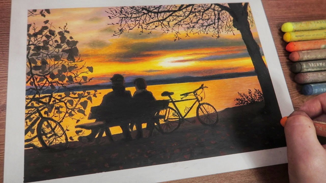 Oil Pastel Drawing 노을지는 풍경 속의 노부부 그리기, 오일파스텔 풍경화｜OHU SIA