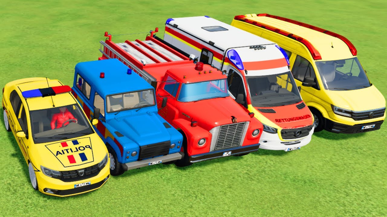 POLICE CARS, FIRE DEPARTMENT, AMBULANCE VEHICLES TRANSPORTING WITH SCANIA TRUCKS ! FS22