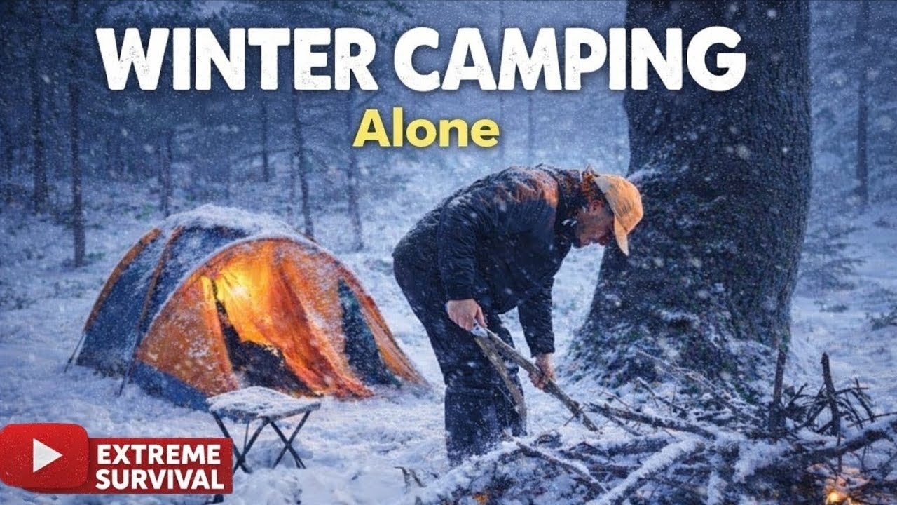 Solo camping in the snow⛺🏔 التخييم وحيدا في الثلج#camping#winter #outdoors#fire#تخييم #nature #tent 