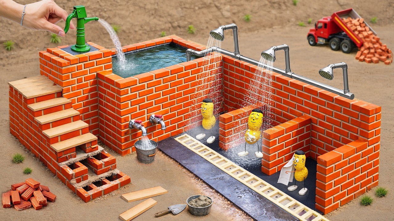 Science Project Builds a Public Bathhouse with 3 Modern Showers🚿 | DIY Mini Tractor