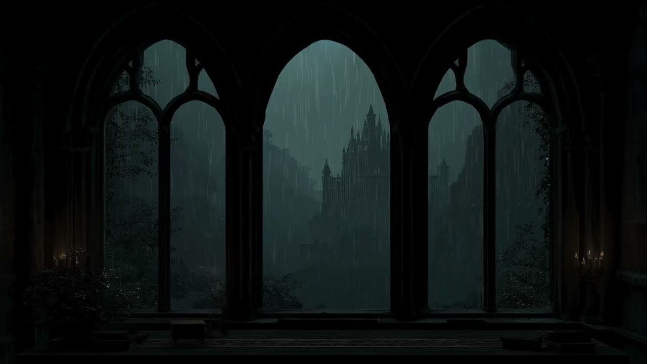Cozy Rainstorm in Old Castle Window with Flowing River - Calm Ambience for Reading