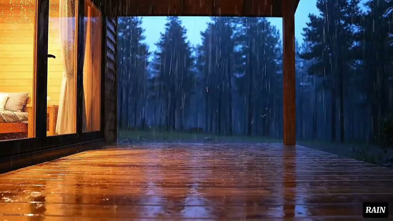 Open Forest Cabin Rain at Night – Calm Natural Rain Sounds for Sleeping (1 Hour)
