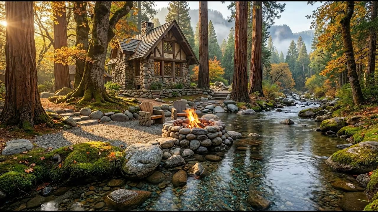 Gentle Morning Sunrise in a Cozy Cabin 🍂 River Flow & Forest Ambience (No Music)