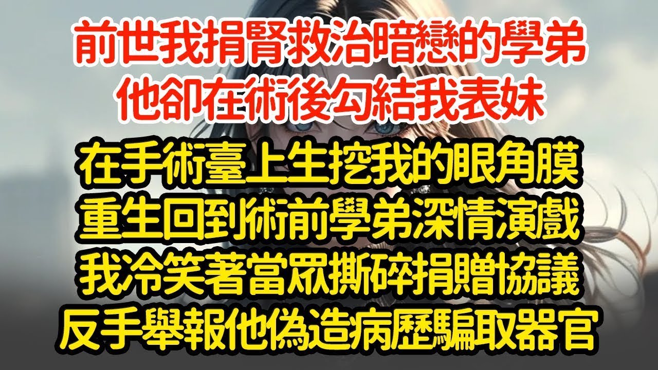 前世我捐腎救治暗戀的學弟，他卻在術後勾結我表妹，在手術臺上生挖我的眼角膜重生回到術前學弟深情演戲我冷笑著當眾撕碎捐贈協議反手舉報他偽造病歷騙取器官'