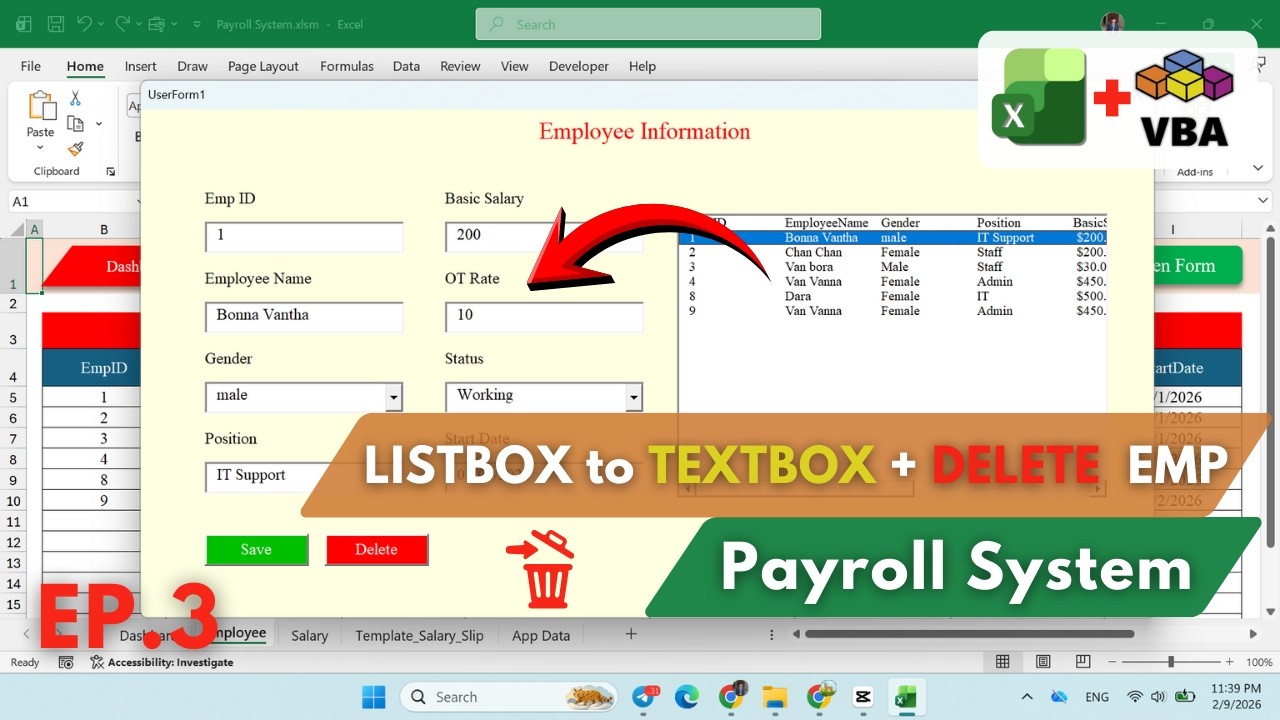 Excel VBA UserForm – Show Data from ListBox to TextBox & Delete Record