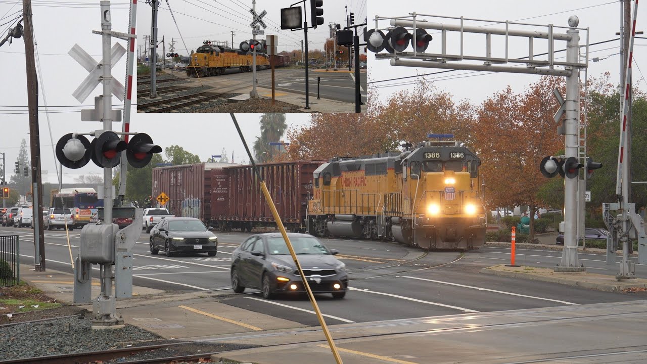 UP 1386 Florin Flyer Local Switching & SacRT | Mather Field Rd. Railroad Crossing, Rancho Cordova CA