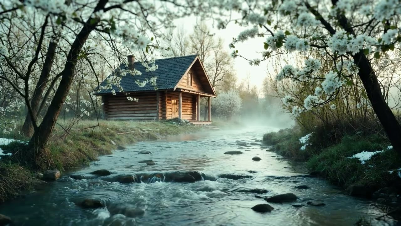 Cozy Cabin Under Blooming Cherry Trees by River 🏞️ Misty Spring Ambience | Relaxing ASMR Sleep