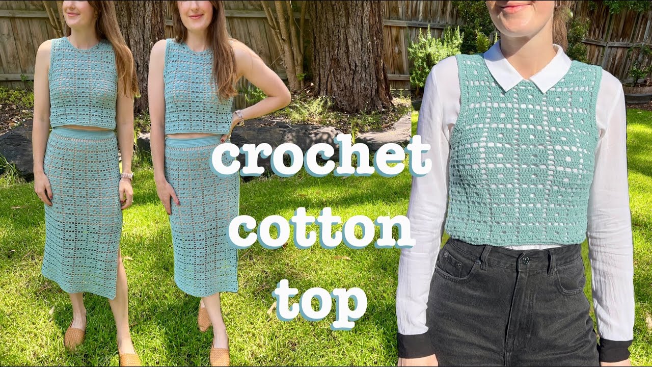 Crochet cotton top vest | grid pattern | size adjustable tutorial