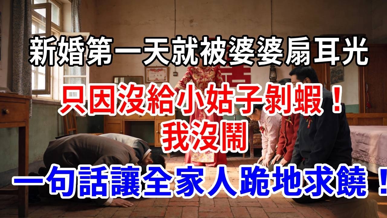 新婚第一天就被婆婆扇耳光，只因沒給小姑子剝蝦！我沒鬧，一句話讓全家人跪地求饒！