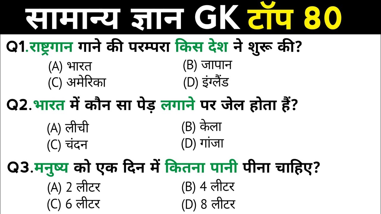 सामान्य ज्ञान | General Knowledge | Top 80 Gk GS questions | SSC GD, MTS, RPF, CRPF | GK in Hindi 