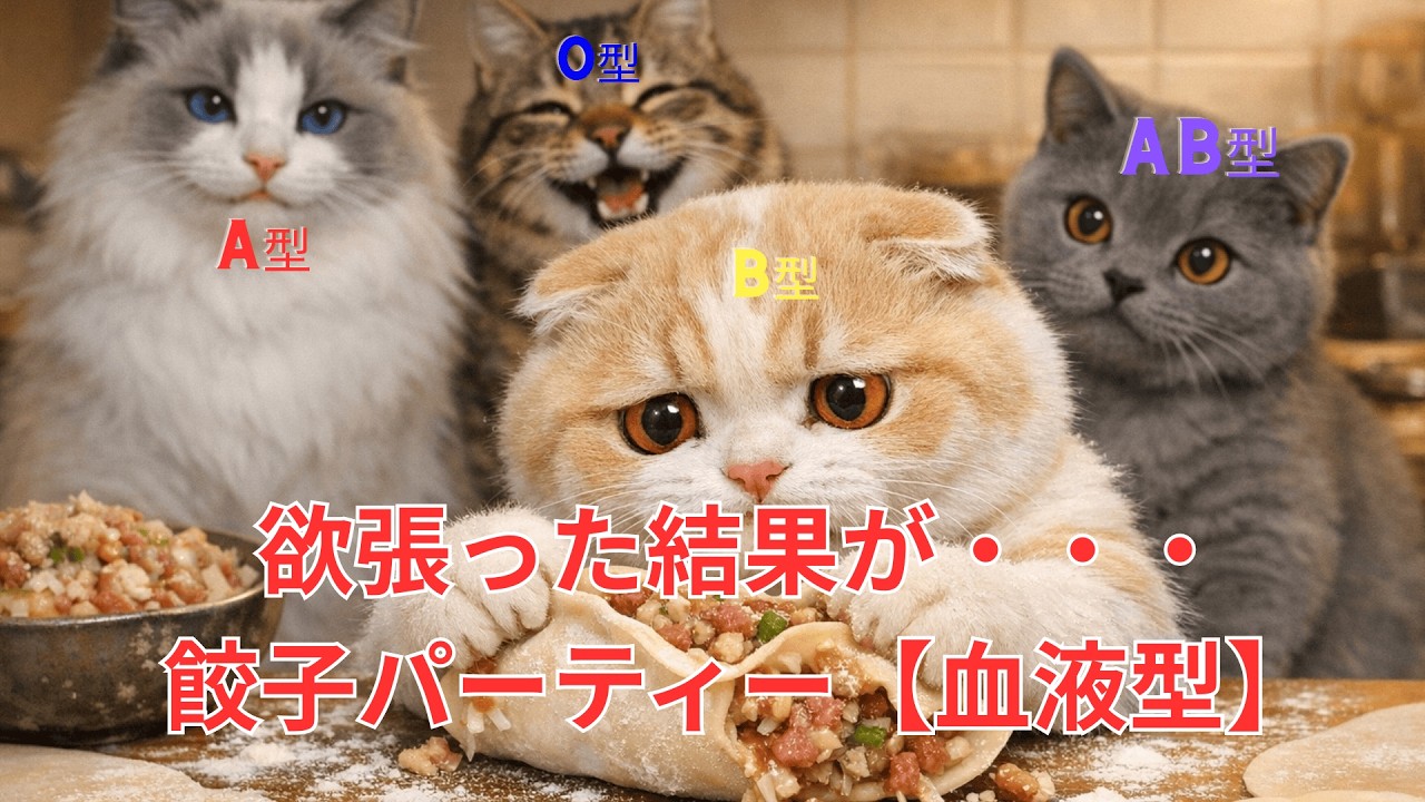 【AI猫】B型ココ、具入れすぎ問題！！ 餃子パーティーで性格バレた【血液型×猫】