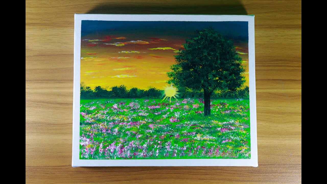 Sunrise Flowers Field Painting /Acrylic / Cherry Blossom Tree Painting / Abstract Landscape Painting