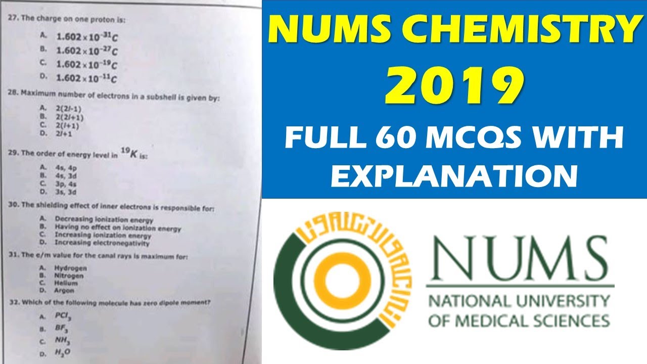 NUMS CHEMISTRY2019 | NUMS PAST PAPERS | FULL 60 MCQS | EXPLANATION | MDCAT ONLINE PREP