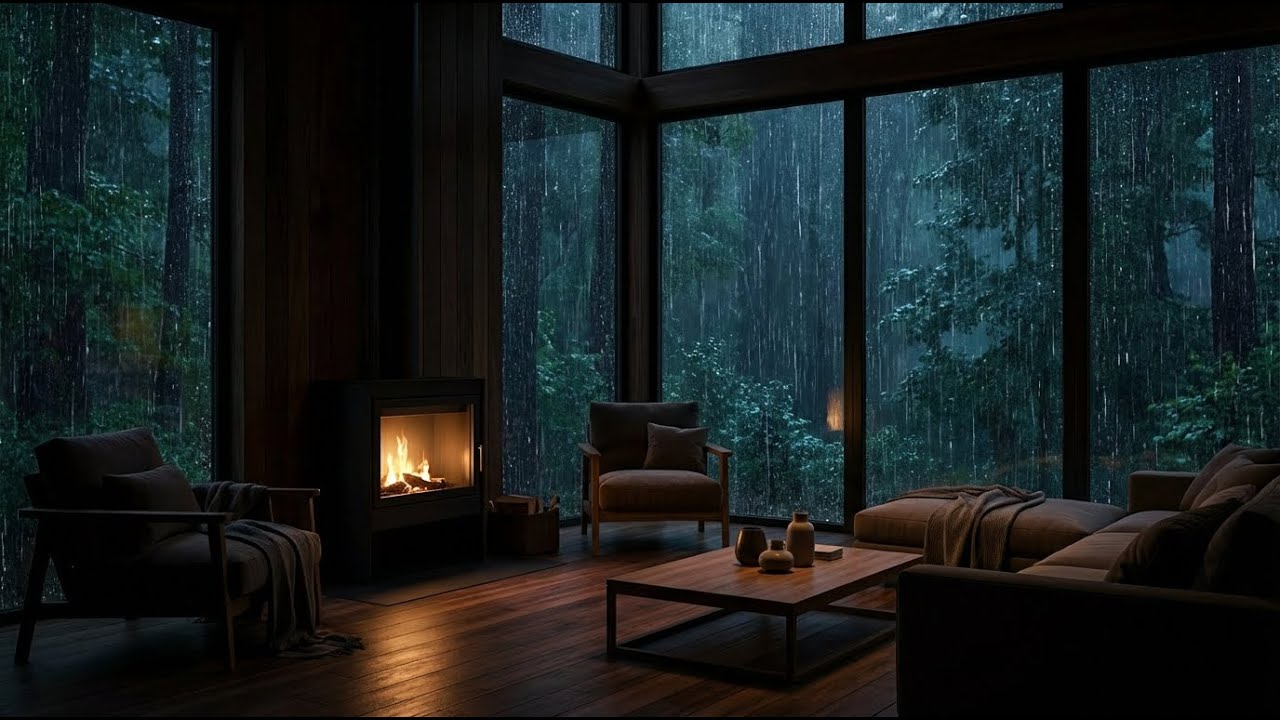 Deepest Zen | Soft Piano Rain in Modern Rustic Cabin with Fireplace | Deep Mindful Sleep 💤🌙