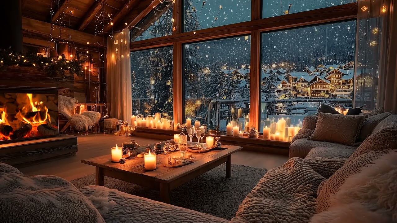 Soft Piano by the Fireplace | Snowfall Winter Ambience for Relax, Study & Sleep