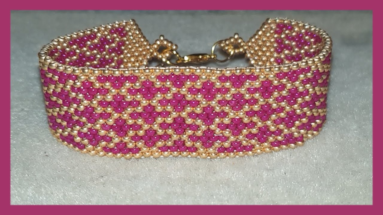 Bracelet manchette tissage peyote doré et fuchia