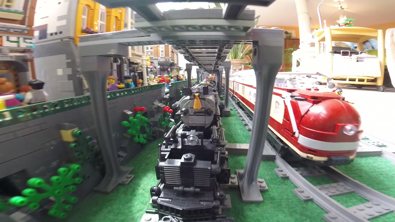XXL LEGO Train & Railway 90m Layout: Big-Boy with dual tender and super long cargo train [GoPro]