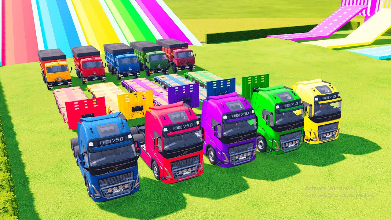 Colorful Garage Challenge: Transporting Giant Cargo Trucks!