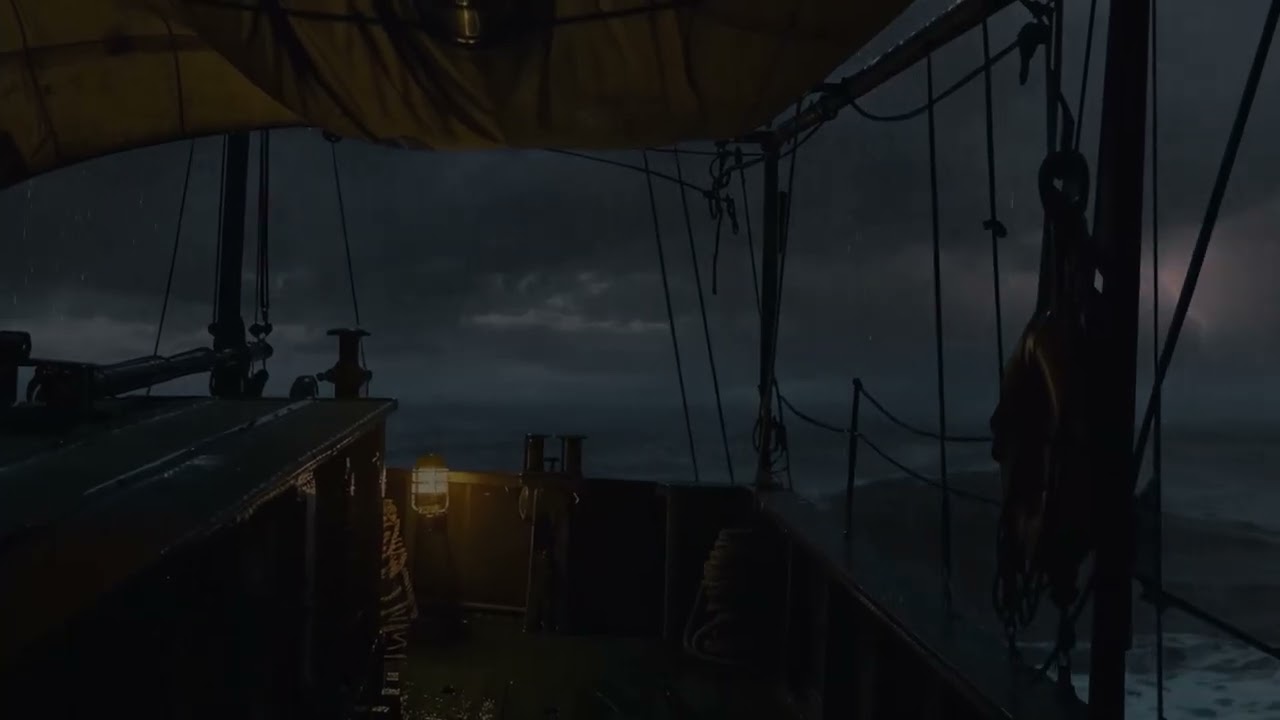 Sheltered on a Tiny Boat at Night | Soft Rain & Calm Ocean Waves for Relaxation