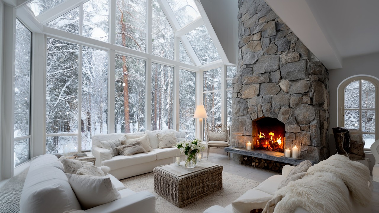 Warm Fireplace Crackling in Snowy Cabin Room | Relaxing Winter Ambience for Sleep