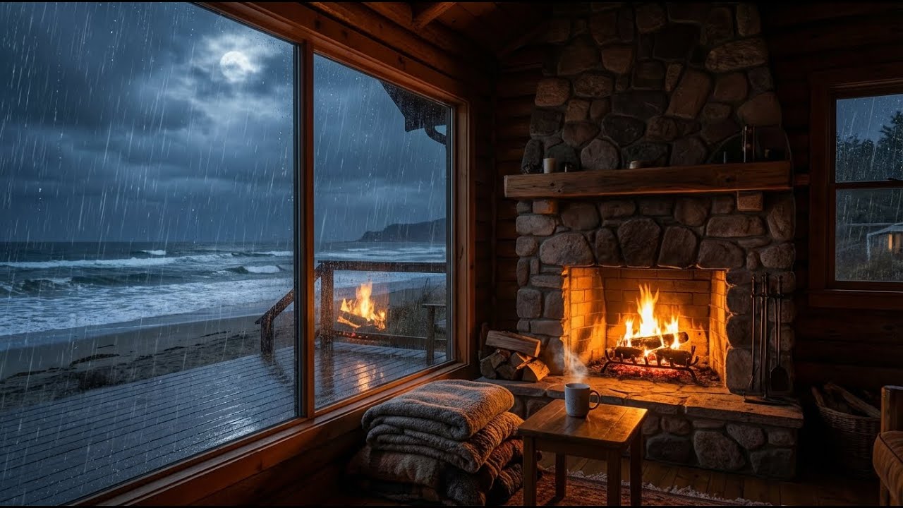 12 HOURS   Rain on Roof & Crackling Fire   Warm Cabin on the Coast  4K ASMR Sleep