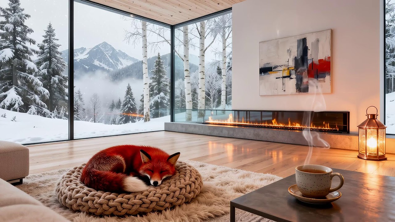 Cozy Winter Cabin Ambience | Fireplace Crackling & Winter Wind Sounds for Relaxation & Sleep (4K)