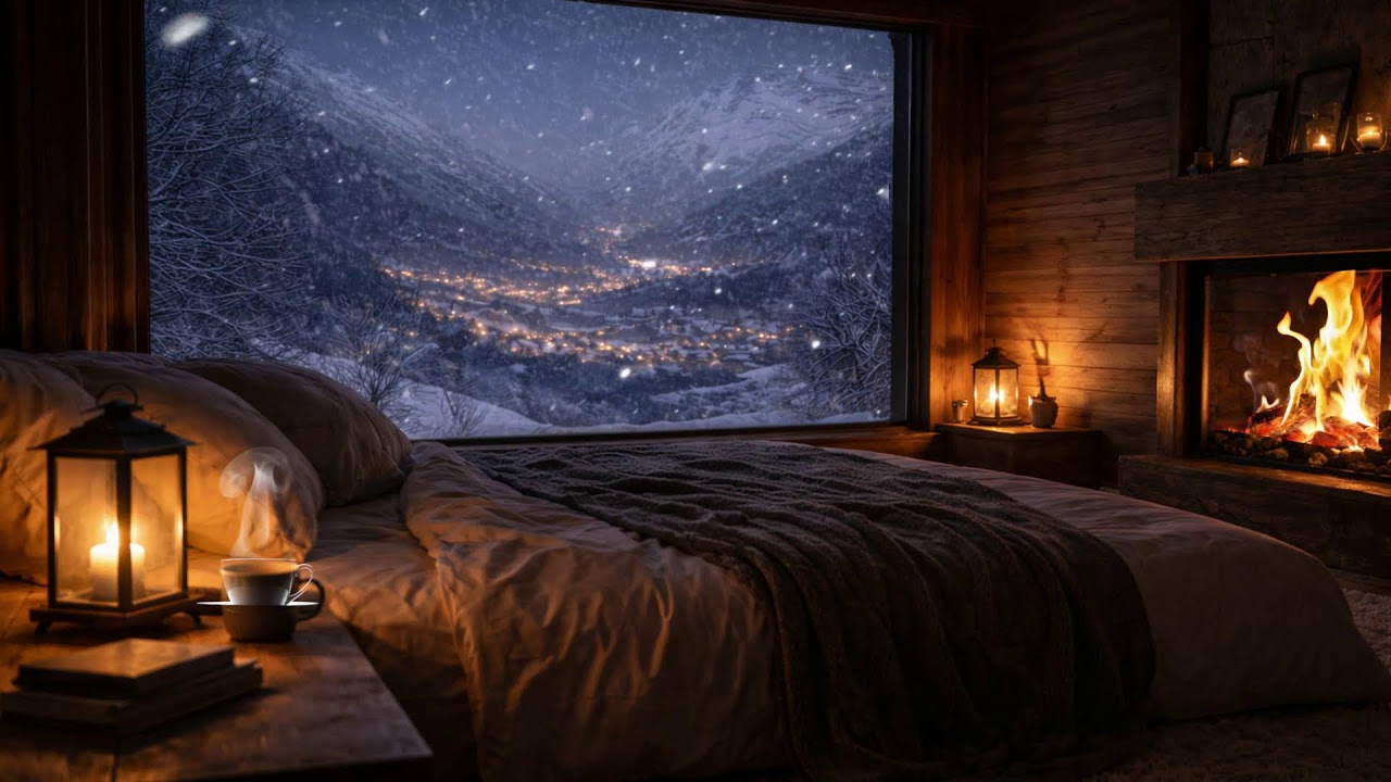 Snowfall Haven  Cozy Fireplace Night for Deep Sleep & Calm