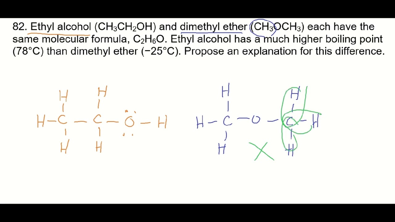 82. Comparing Boiling Points of Ethyl Alcohol CH3CH2OH and Dimethyl Ether CH3OCH3 | Hydrogen Bonds