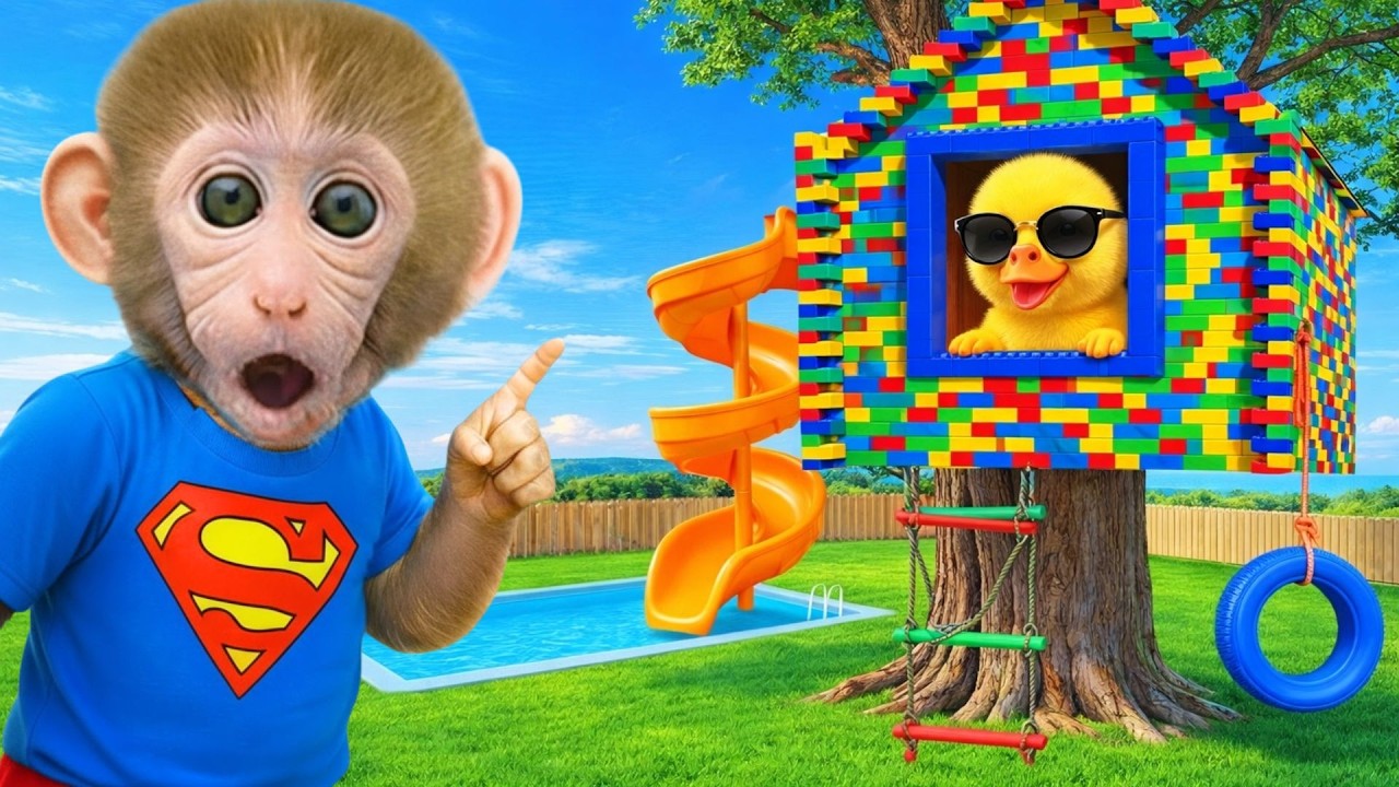 小さな猿 BonBon がカラフルツリーハウスを発見してひよこと遊ぶ🌳🏠🐤🐒 | BonBon Japanese