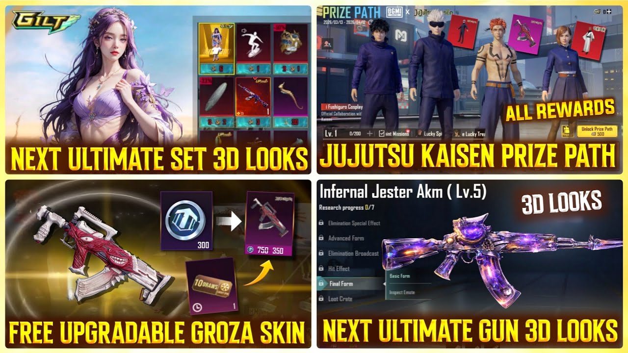 🔥 BGMI NEXT ULTIMATE SET & ULTIMATE AKM SKIN 3D LOOK | JUJUTSU KAISEN PRIZE PATH | FREE GROZA SKIN