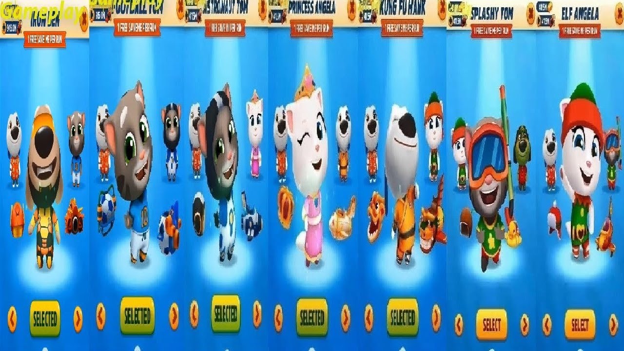 Talking Tom Gold Run  IRON BEN VS Football TOM  Astronaut PRINCESS KUNG FU HANK Splashy ELF  Raccoon
