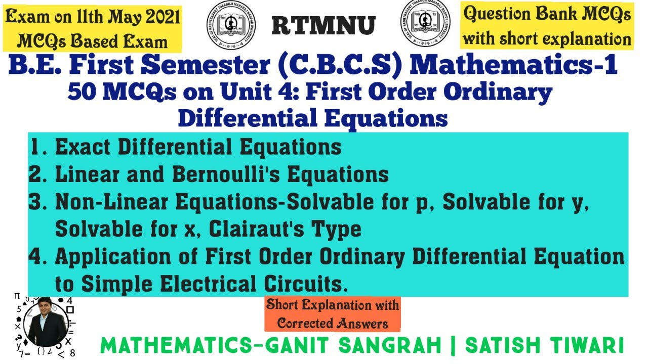 MCQ on First Order Ordinary Differential Equation-I(Unit-IV) | Mathematics-I | RTMNU |50 Questions