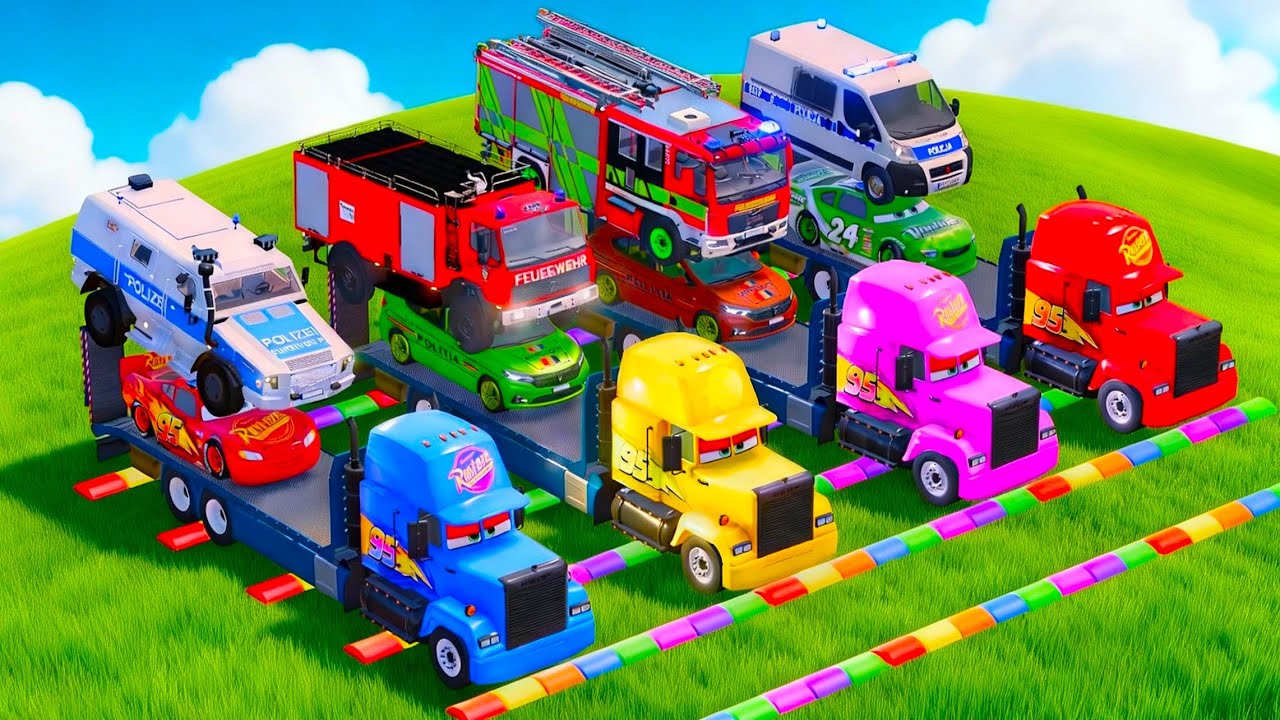 🌈🚓LONG CONVOY TRANSPORT OF COLORS! MIXER CARS, COPS CARS POLICE CARS, MUD BATH   FS 22 #13