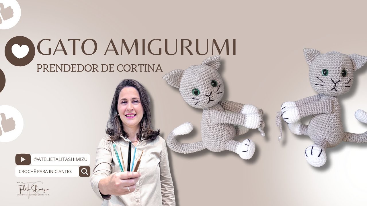 COMO FAZER GATO AMIGURUMI - PRENDEDOR DE CORTINA- PASSO A PASSO PARA INICIANTES - AULA COMPLETA