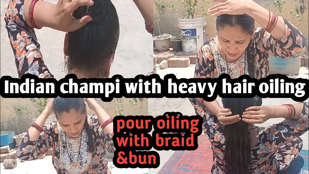 Heavy hair oiling with champi ..pour oiling with braid &Bun..sleek combing Heavy oiling