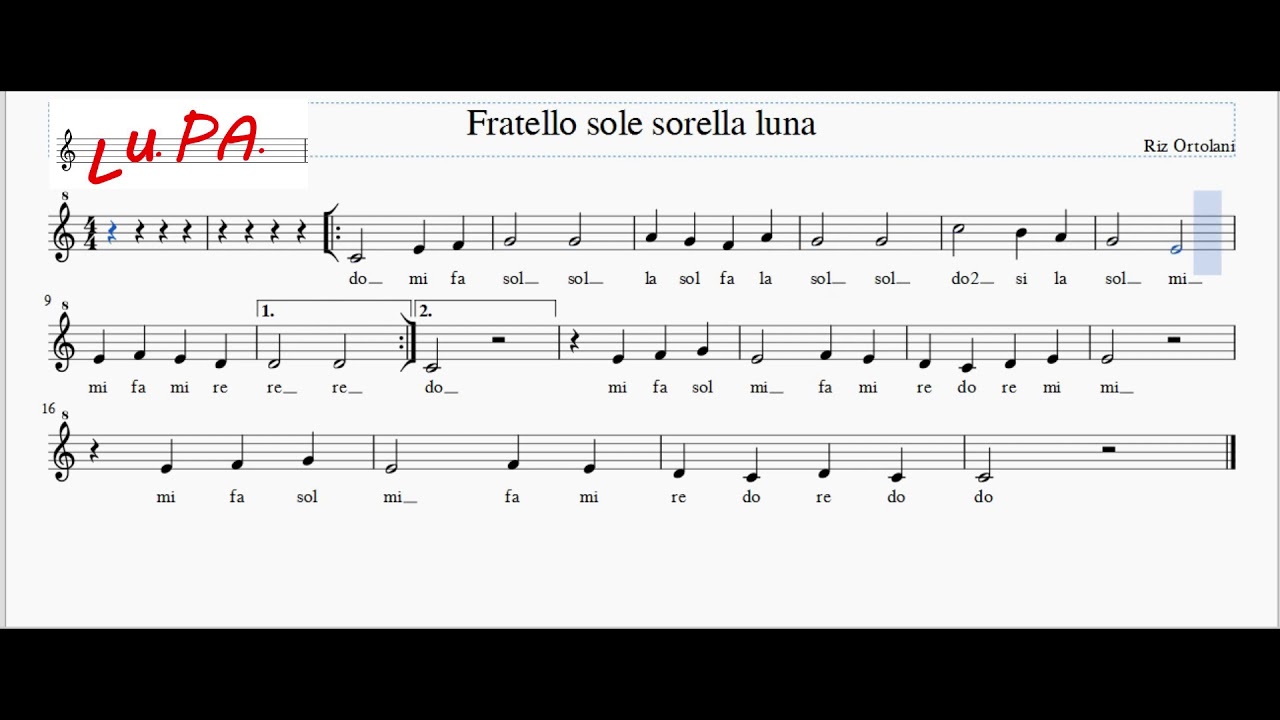 Fratello sole sorella luna - Flauto dolce - Note - Spartito - Canto - Tutorial - Recorder