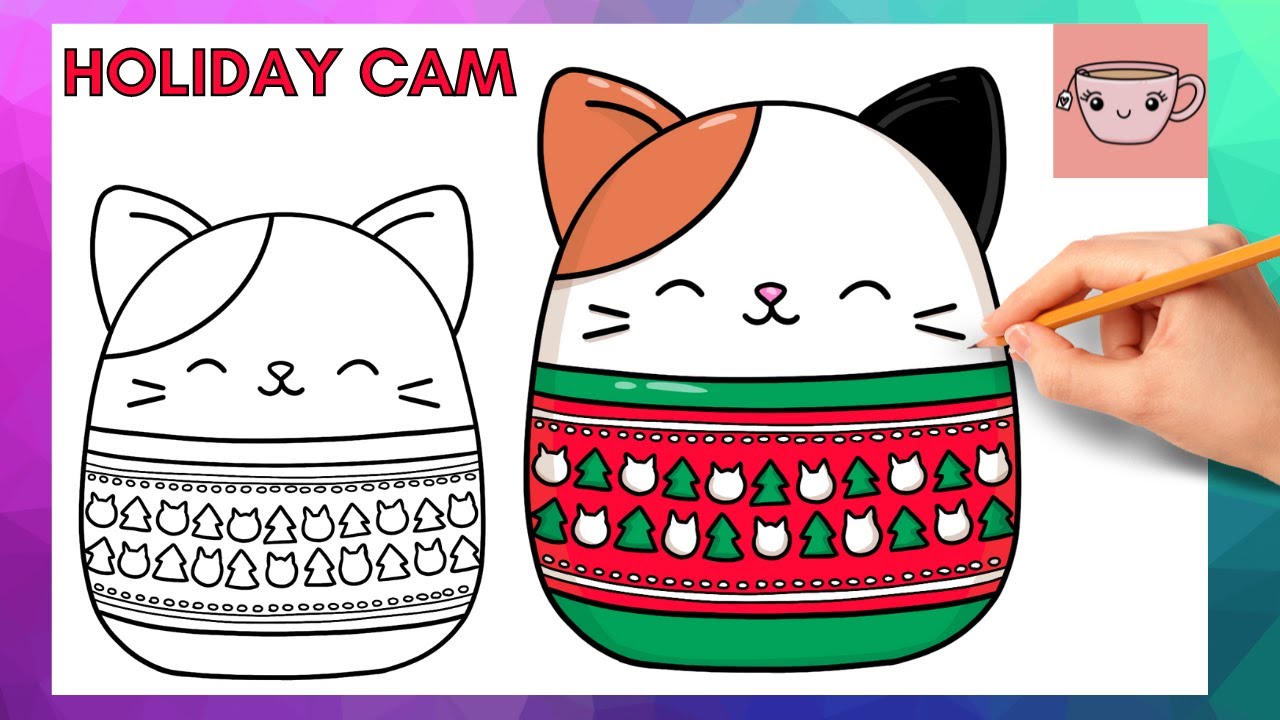 How To Draw Holiday Cam The Cat Squishmallow | Christmas Sweater | Cute Easy Drawing Tutorial