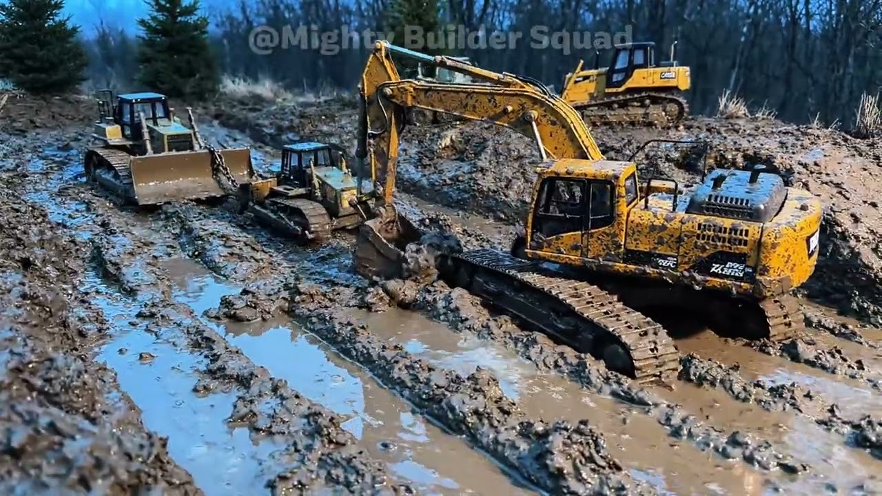 RC Hydraulic Excavator Stuck in Skyscraper Foundation Mud Trap.