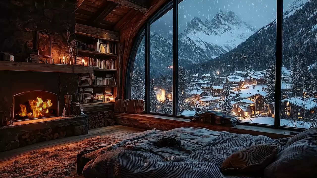 Relaxing Cabin Fireplace Ambience with Gentle Snow Outside for Stress Relief and Sleep