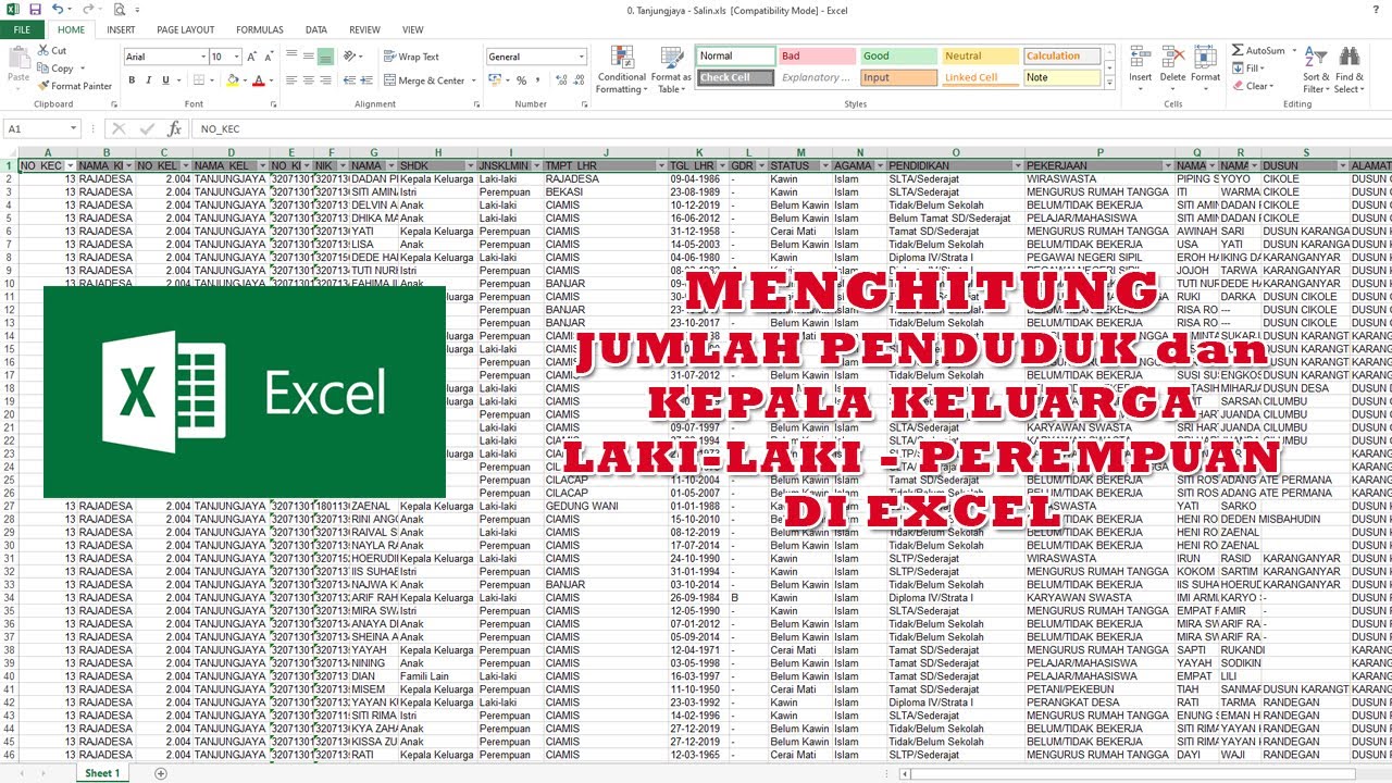 MENGHITUNG JUMLAH PENDUDUK DAN KEPALA KELUARGA LAKI-LAKI DAN PEREMPUAN DI EXCEL