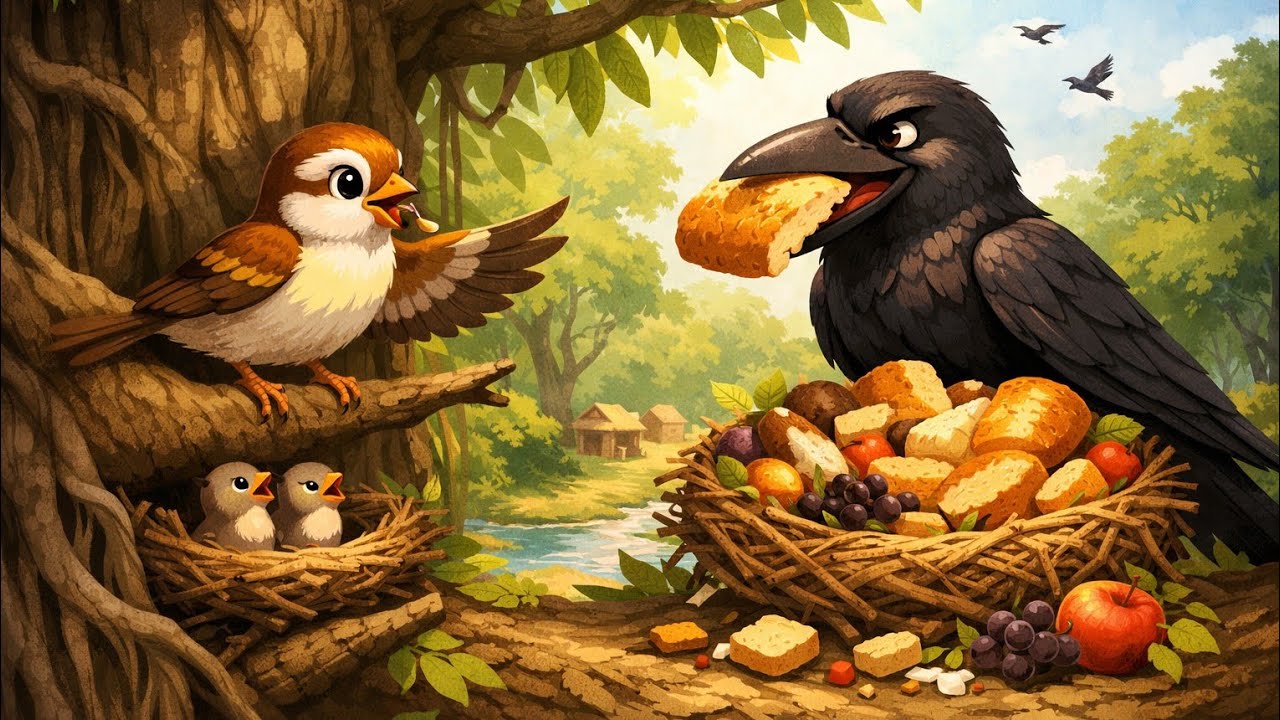 “The Greedy Crow and the Innocent Sparrow”